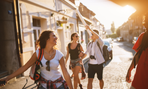 Friends walking through a town
